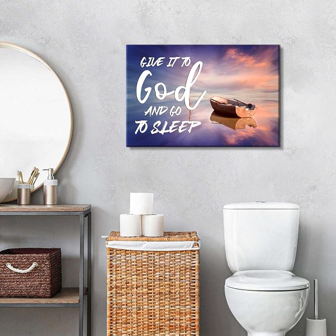 Give it to God and Go to Sleep Sign Wall Decor Master Bedroom Above Bed Christian Wall Art Beach Picture for Living Room Home Decorations Scripture Canvas Painting Wood Framed Modern Artwork 20x30''