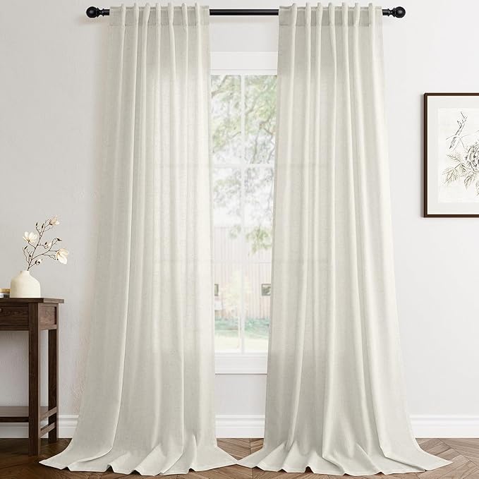 Jowels Warm Beige Linen Curtains 96 Inch Long 2 Panels for Living Room | Light Filtering Semi Sheer Curtain, Back Tab Pocket Pleated Look, Boho Farmhouse Textured Privacy Drapes for Bedroom Window