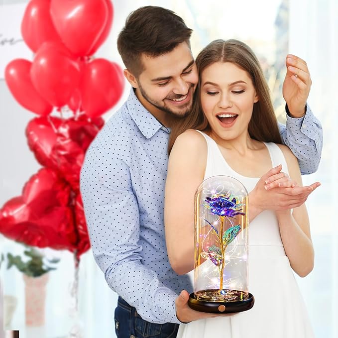 Mothers Day Flowers Gifts for Mom Birthday Gift Rechargeable Galaxy Glass Rose in Glass Dome Forever Crystal Rose Flowers Anniversary Mother's Day Roses Gifts for Daughter Wife Women Grandma Purple