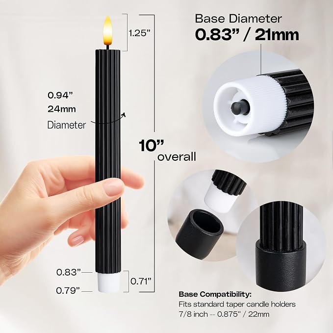 6 Pack, 10" LED Flameless Real Wax Black Fluted Ribbed Grooved Taper Candles, Remote & 24h Timer Memory, On/Off Button, Dimmable, Flicker Mode, Battery Operated, Wedding