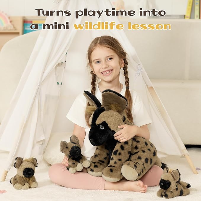 MorisMos 4 Pcs African Wild Dog Stuffed Animals, 18 Inch Mommy with 3 Baby Cubs, Soft Fluffy Animal Plush Toys Gifts for Kids, Wildlife Lovers & Collectors