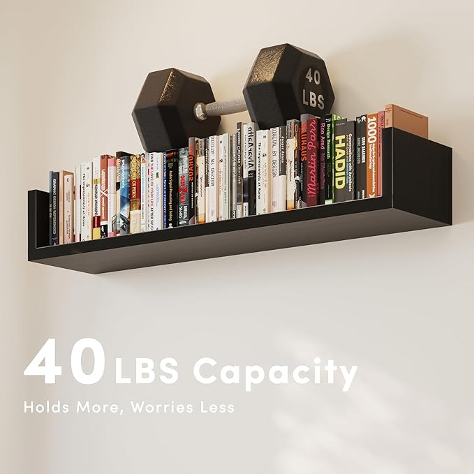 Wall Bookshelf, Set of 4, U Shaped Floating Bookshelf, Hanging Bookshelves for Wall, Wall Mounted Shelves for Living Room Bedroom Office (Black, 23.6 Inches, 4)