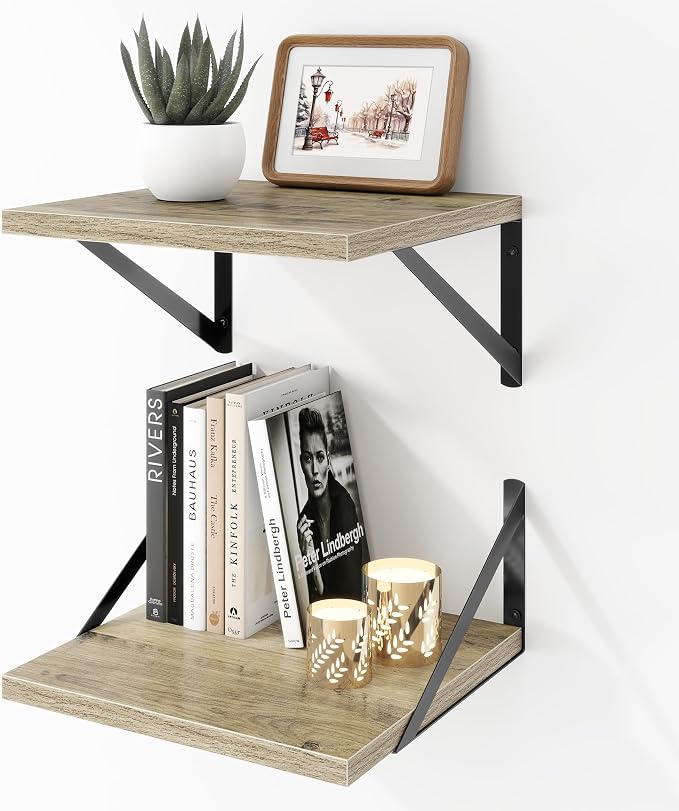 Acovy Deep Floating Shelves Wall Mounted, 12"x12" Gray Wall Shelves with Brackets Set of 2 for Bedroom, Living Room, Bathroom, Kitchen, Office - Storage & Display Shelf for Decor, Books, Plants