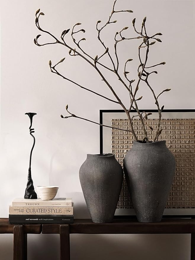 Ceramic Vase - Large 11.8 Inch Tall Floor Vase for Centerpieces, Farmhouse Flower Vases, Rustic Minimalist Home Decor for Living Room, Enterway, Wedding (Sandstone Dark Gray)