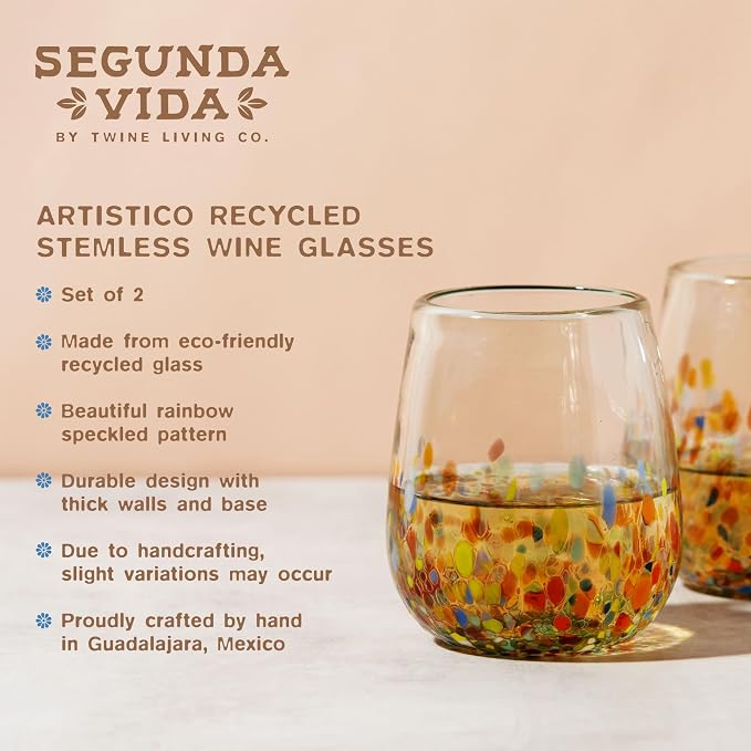 Segunda Vida Artistico Hand Blown Stemless Wine Glasses, Recycled Drinking Glasses with Rainbow Speckled Pattern, Mexican Glassware for Wedding Gifts, Housewarming, Cocktail Party, 13 oz Set of 2