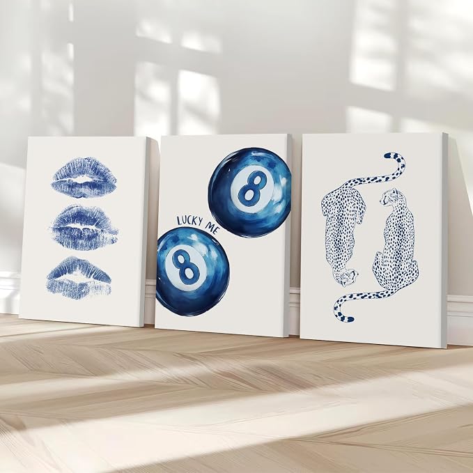 Leopard Wall Art Cheetah Canvas Prints Trendy 8 Ball Wall Decor Preppy Aesthetic Poster Lucky Leopard Pictures Funky Painting Navy Kiss Artwork for Bedroom Living Room 12x16x3 Inch Ready to Hang