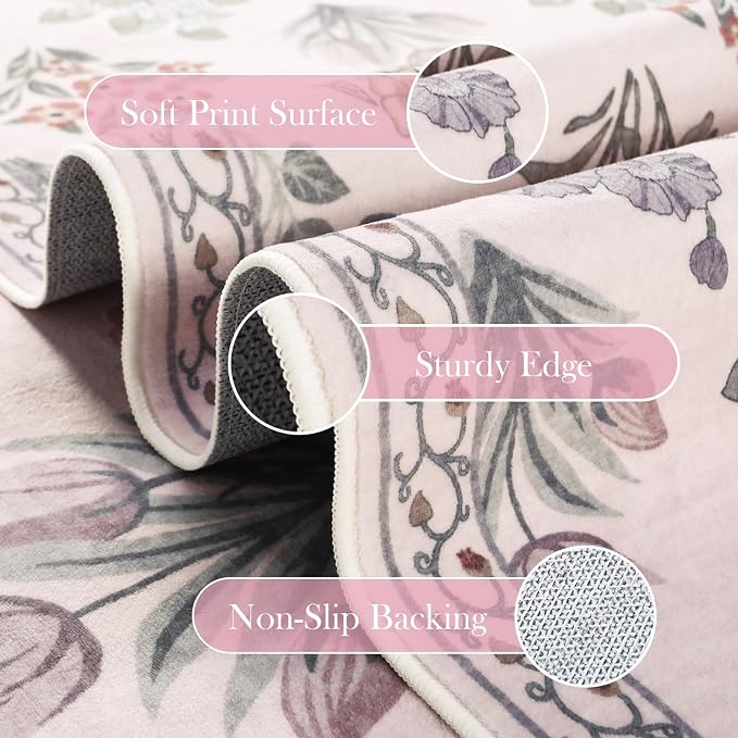 Wonnitar Pink Rugs for Bedroom Girls Nursery, Floral Print 5x7 Washable Rug, Boho Ultra-Thin Non Slip Soft Cozy Carpet for Room Decor Kids Playroom Office Living Room, Pale Pink