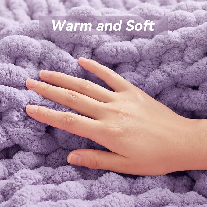 Negwoo Chunky Knit Throw Blanket, 50''*60'' Knitted Throw Chenille Yarn for Bed Couch, Handmade Light Purple Crochet Big Thick Blanket, Machine Washable Cute Comfy Blanket for Home Decor