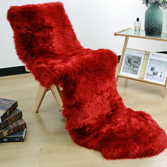 AOGELAN Red Genuine Sheepskin Rug, Fuzzy Fluffy Shaggy Fur Soft Area Rug for Soft Fuzzy Plush Bedroom Living Room Fur Wool Pray Pup Cushion, Chair Sofa Seat Cover(Red, 2 Pelt)