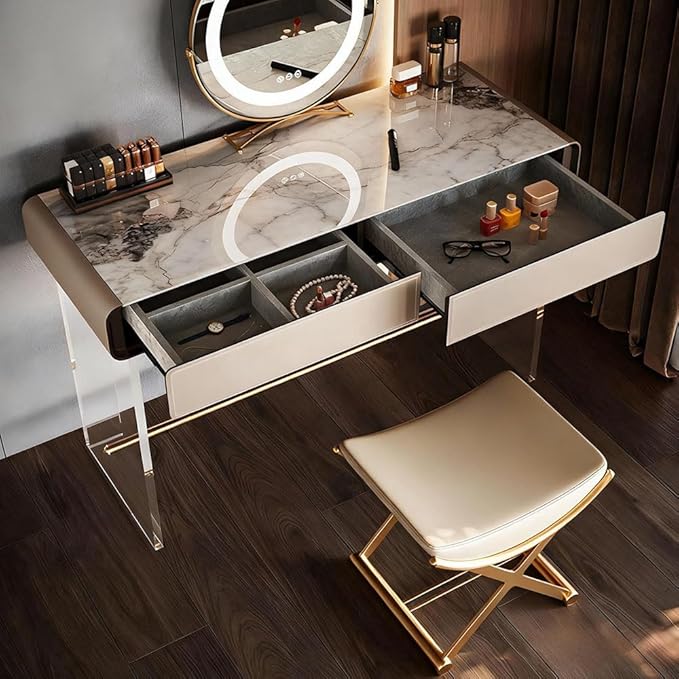 CHSSIH Vanity Stool Chair for Makeup - Small Backless Leather Stool for Vanity - Modern Ottoman Bench Seat with Metal X Legs, Footstool for Bathroom & Living Room - Gold