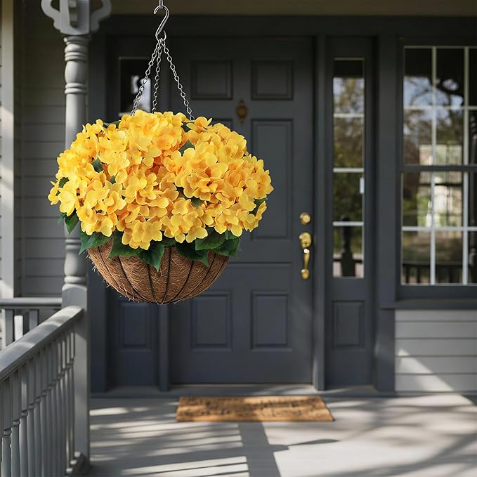 FOTEEWL 16 Bundles Artificial Hydrangea Flowers for Outdoor Decor, Realistic Faux Silk Bouquets Sun-Resistant Fake Plants for Front Door Balcony Farmhouse Garden Home Spring Summer Decor (Yellow)