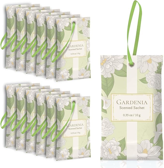SCENTORINI Scented Sachets for Drawers and Closets, Gardenia Scent 14 Pack, Long-Lasting Sachets Bags, Closet Freshener Sachet for Wardrobe Freshener, Cupboard, Suitcases, Handbags