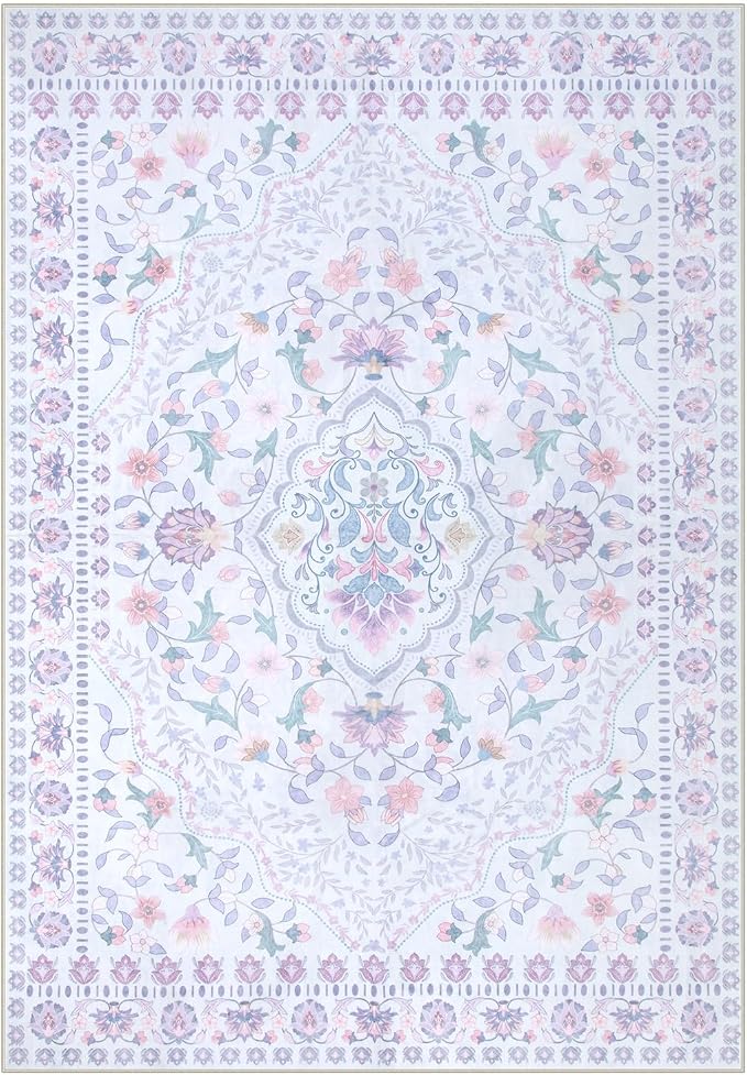 Wonnitar Floral Purple Rug for Nursery, Washable 5x7 Kids Rug, Boho Ultra-Thin Soft Non Slip Vintage Carpet for Bedroom Dorm Living Room Playroom Office, Pale Purple