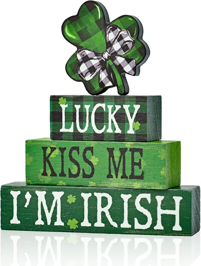 Smile St.Patrick's Day Wooden Block Decor Set of 4 Shamrock & "LUCKY KISS ME I'M IRISH", Tabletop Shelf Lucky Holiday Decoration
