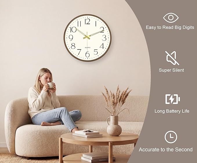Vintage Wall Clock 16 Inch Quartz Silent Non-Ticking Analog Clock Battery Operated Rustic Round Decorative Clock for Living Room Kitchen Home Office Classroom