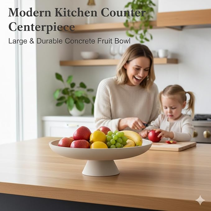 12 Inch Concrete Pedestal Catch All Fruit Key Decorative Bowl Beige | Heavy duty concrete pedestal fruit key bowl with cork base, decor for kitchen counter, entryway & coffee table storage