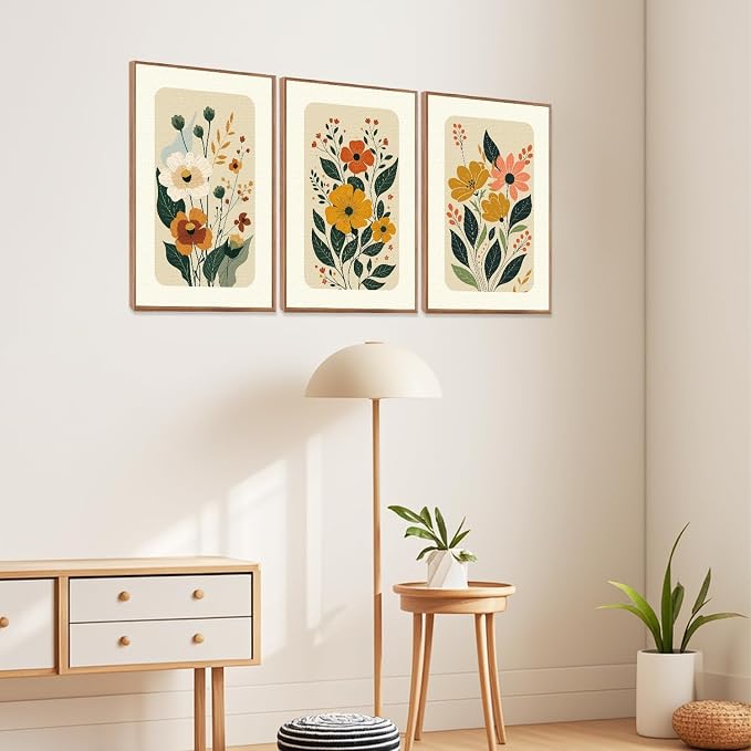 LHIUEM Boho Floral Botanical Framed Canvas Wall Art Set,Abstract Vintage Beige Wall Decor,Minimalist Wildflowers Artwork for Living Room,Bedroom,Dining Room,Office -24"x36"x3