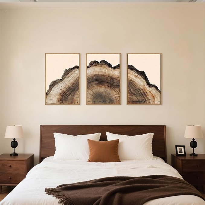 KAIRNE Vintage Tree Rings Framed Canvas Wall Art Set, Retro Wood Stump Wall Decor, Neutral Tree Spiral Art Prints, Modern Annual Ring Artwork for Living Room, Bedroom, Farmhouse, Office-16 x24 x3