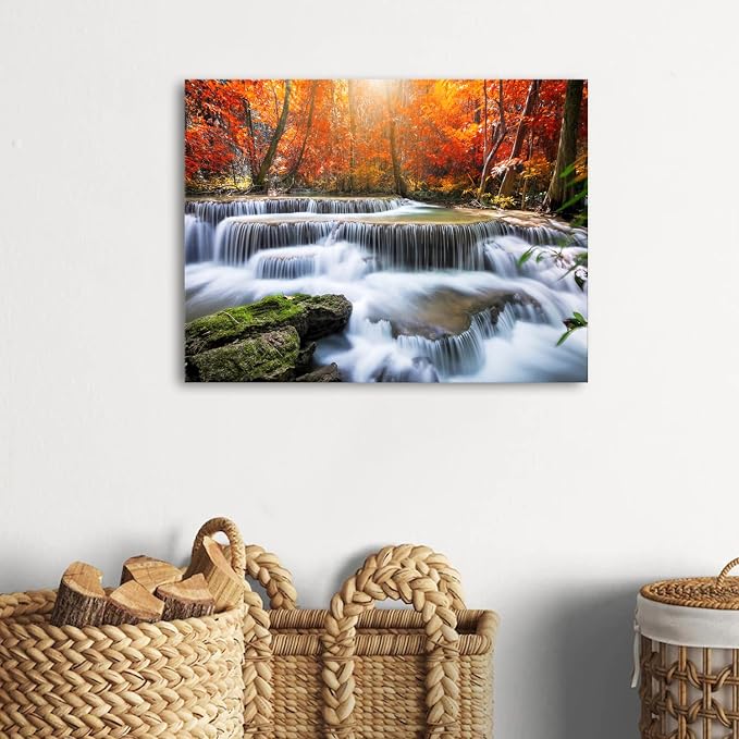 Fall Waterfall Canvas Wall Art Autumn National Park Scenery Picture for Living Room Mountain Maple Trees Prints Bedroom Wall Decor Nature Landscape Poster Modern Artwork Kitchen Home Decoration 12x16"