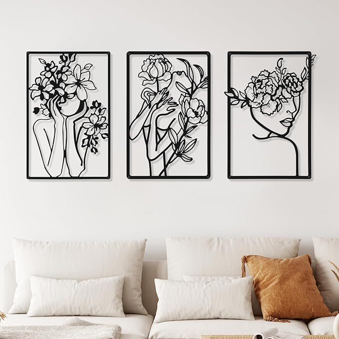CHENGU 3 Pieces Metal Minimalist Abstract Woman Wall Art Line Drawing Wall Art Decor Single Line Female Home Hanging for Kitchen Bathroom Living Room