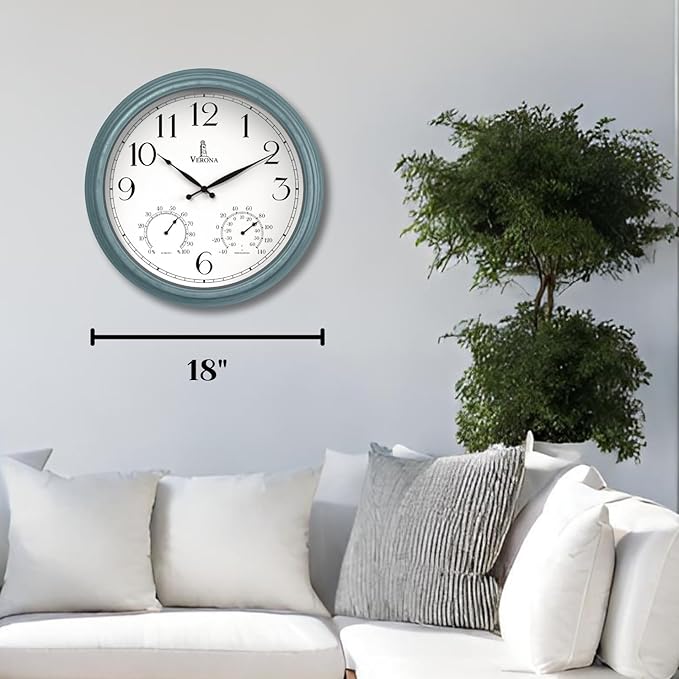 18 inch Outdoor Clocks for Patio Large Waterproof with Thermometer - Teal Blue Outdoor Clock with Temperature and Humidity for Wall - Weatherproof, Accurate & Easy to Read for Pool, Patio & Garden