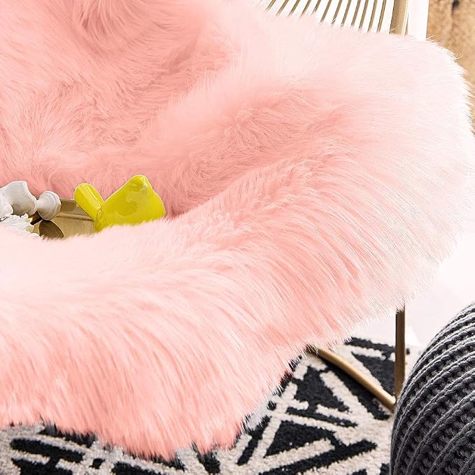 Carvapet Plush Faux Sheepskin Rug - Luxury Soft Pink Chair Cover 2x3 Accent Carpet, Non Slip Suede Backing Shaggy Shag Fur Mat for Bedside Dorm