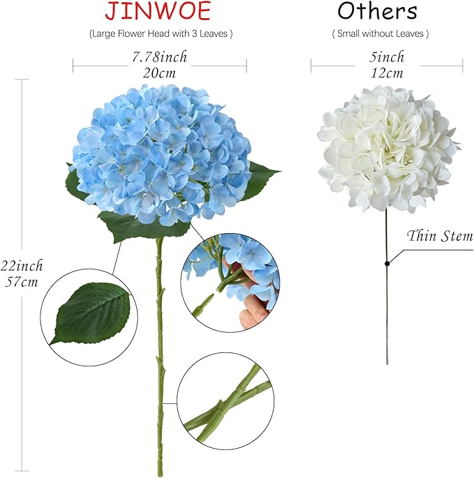 JINWOE Boho Light Blue Fake Hydrangea Artificial Flowers, 4Pcs 22" Large Lifelike Silk Artificial Hydrangeas, Full Fake Flowers for Bouquet Table Centerpieces Wedding Indoor Home