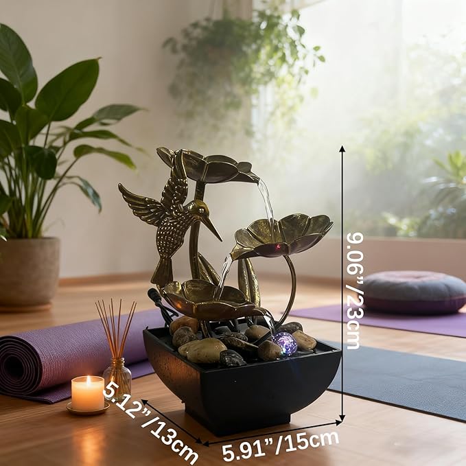 AOZITA Tabletop Fountain, Indoor Waterfall Fountain, Small Home Décor Zen Relaxation Soothing Sound Machine for Office, Living Room, or Bedroom, Bronze Metal Lotus with Hummingbird, River Rocks, LED
