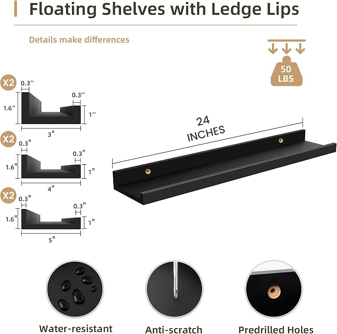 Acovy Floating Shelves Set of 6, 24 Inch Wall Mounted Picture Ledge Shelf with Lip, Black Display Shelves for Living Room, Bedroom, Nursery, Bathroom & Kitchen