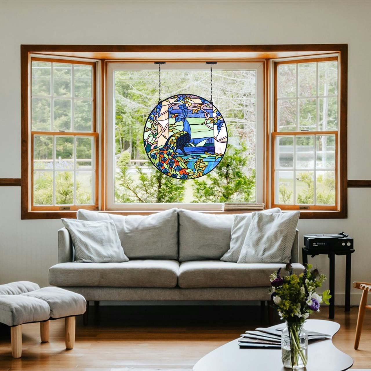 Bieye W10094 Peacock in Garden Tiffany Style Stained Glass Window Panel for Home Decor (Blue, 24" Round)