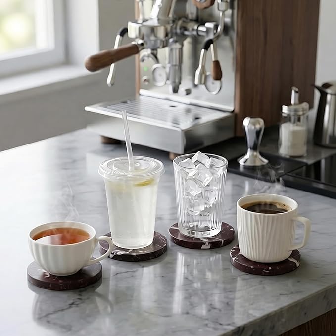 Natural Marble Coasters Set of 4-4" Round Stone Drink Coasters, Non-Slip Cork Backing, Housewarming Gift, Wedding, Protect Tables from Stains & Scratches Rosso Lepanto (WH114)