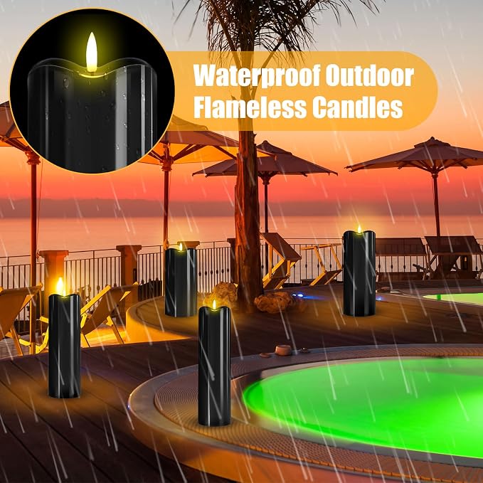 Rossesay 8" 10" 12" 14" X 4" Large Waterproof Outdoor Flameless Candles, 4 Pcs LED Pillar Candles with Remote and Timers Battery Operated Jumbo Flickering for Home Patio Church Lanterns(Black)
