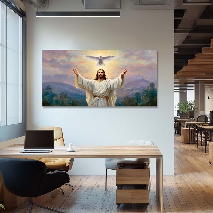 Ggaafet Jesus and Pigeon Wall Art for Living Room Canvas Oil Painting Prints Halo God Universal Love Spiritual Faith Art Deco Classic Artwork Office Bedroom Family Dining Room Decor Large