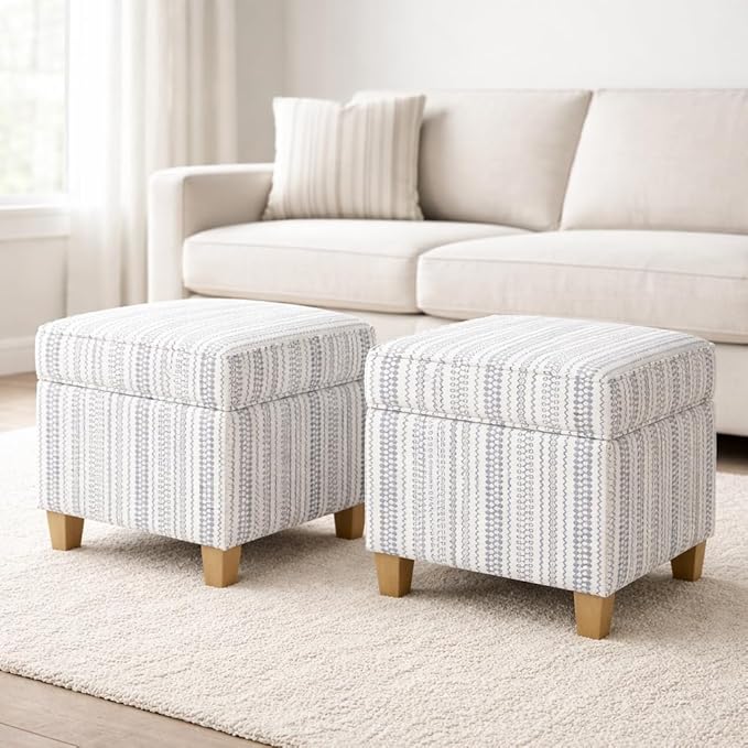 HomePop Home Decor | K7342-F2359 |Classic Square Storage Ottoman with Lift Off Lid | Ottoman with Storage for Living Room & Bedroom, Blue Stripe Large