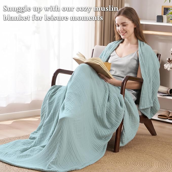 David's Home Soft Muslin Blanket Queen Size for Adults, 60% Rayon 40% Cotton, Breathable Lightweight Cooling Blanket for Hot Sleepers, 4-Layer Cozy Gauze for Bed, 90"x90", Teal Blue