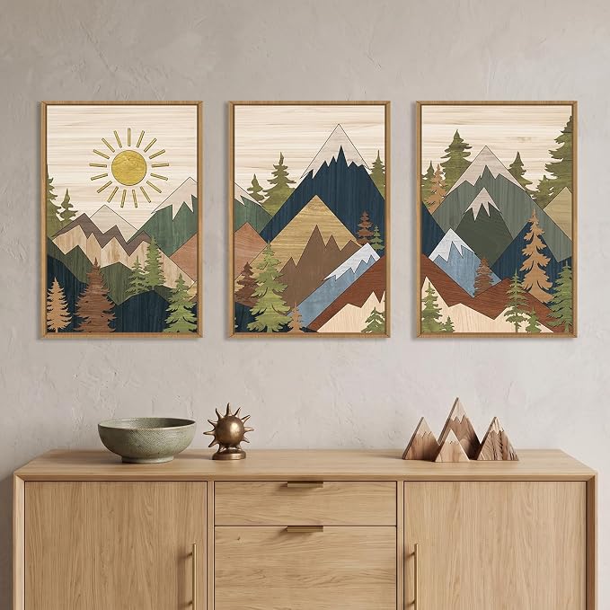 BICERE Large Abstract Mountain Woodcut Framed Canvas Wall Art,Vintage Pine Tree Wall Decor,Rustic Nature Forest Painting,Neutral Artwork for Living Room,Bedroom,Dining Room,Farmhouse -16"x24"x3