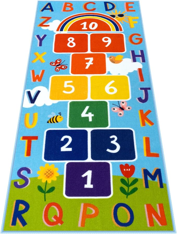 STARUIA Washable Hopscotch Kids Rug for Playroom, Colorful Educational Classroom Rugs with ABC Number, Non Slip Kids Play Mat Rug Game Carpet for Bedroom Nursery Daycare Boy Girl （Blue, 31.5''x72''）