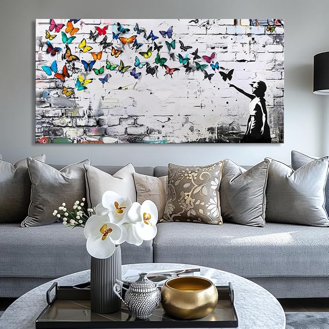 Colorful Graffiti Wall Art Funny Butterfly Paintings Banksy Street Art Mural Pop Art Home Office Wall Decor Framed Canvas Wall Decor for Living Room Ready to Hang - 48x24in