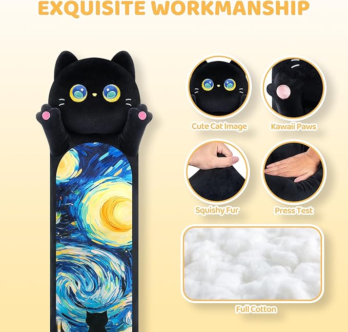 Mewaii Long Cat Plush 5 Sizes, 120% Extra Filling Giant Plushness Kids Body Pillow, Kawaii Cute Black Starry Cat Stuffed Animals Plushies, Big Long Black Cat Body Pillow Plush Gift for Girls 20”