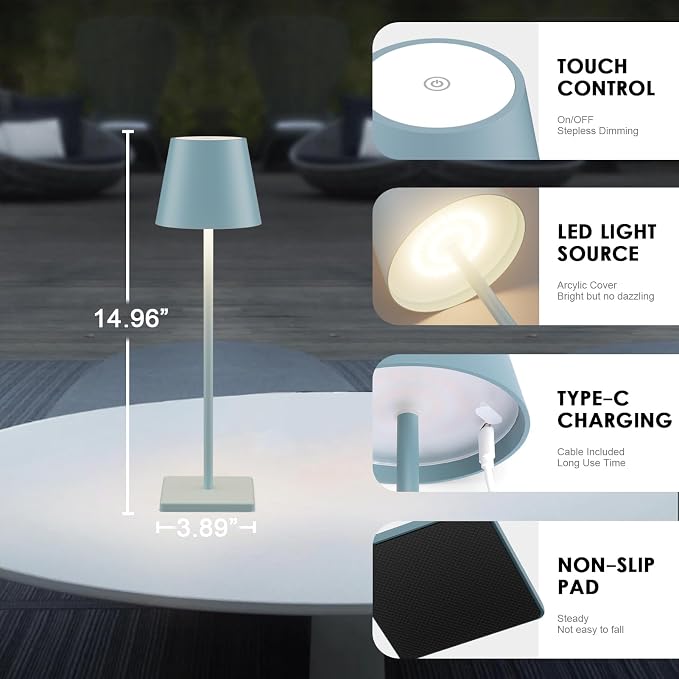 4 Packs Rechargeable LED Table Lamp,5000mAh Outdoor Cordless Desk Lamp Waterproof Portable, Stepless Dimmable Lamps for Restaurant/Bedroom/Outdoor (Blue)