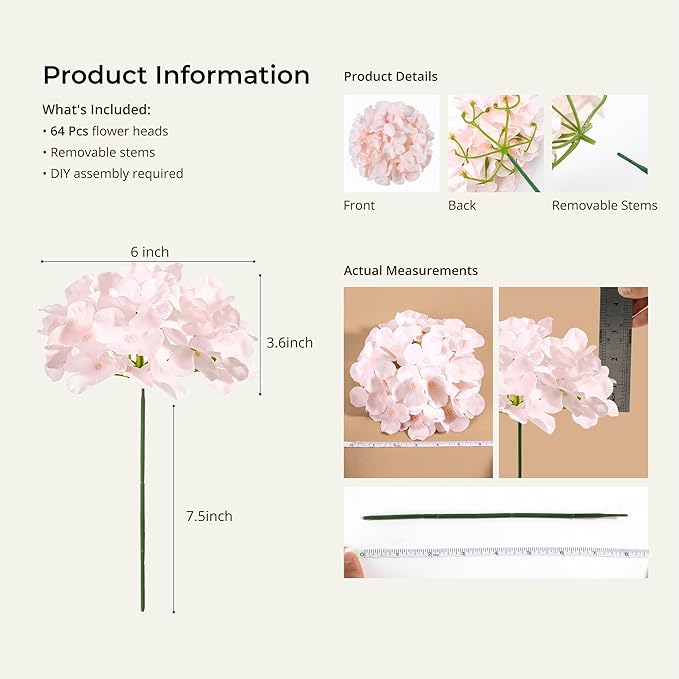 Auihiay 64pcs Hydrangea Artificial Flowers, Silk Hydrangea Heads with Stems, Pink Hydrangea Flowers for DIY Wedding Centerpiece Baby Shower Home Party Decor (Pink)