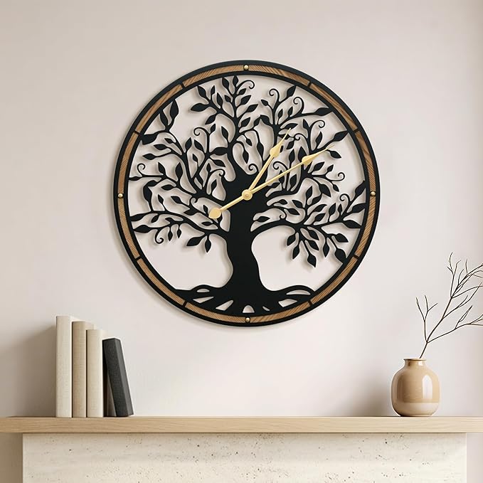 Micasso Farmhouse Large Wall Clock: 24 Inch Rustic Tree of Life Metal with Wood Frame - Battery Operated Wall Clocks for Living Room/Office/Bedroom - Home Decor for Fashion-Conscious