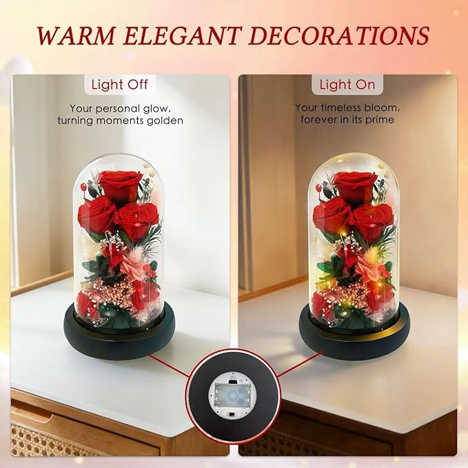 HipTree Preserved Red Rose in Glass Dome with LED Lights - Forever Eternal Real Rose Gifts for Women, Valentines Day Mothers Day Birthday Christmas Gift Wedding Anniversary for Mom Wife Girlfriend