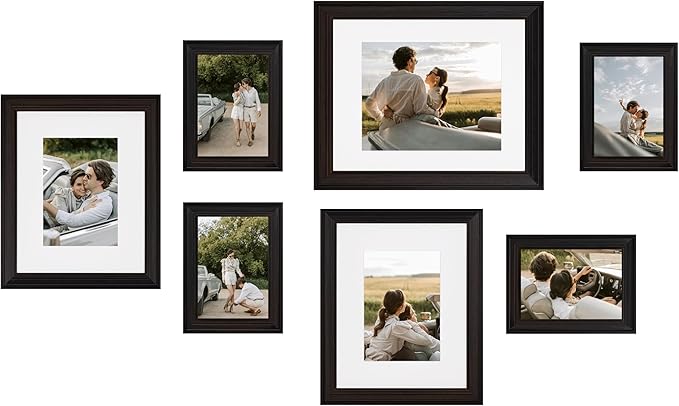 eletecpro Gallery Wall Frame Set of 7, Multiple Sizes Solid Wood Picture Frames Collage Wall Decor Including 1Pc 11x14, 2Pcs 8x10, 4Pcs 5x7 Photo Frames, Black