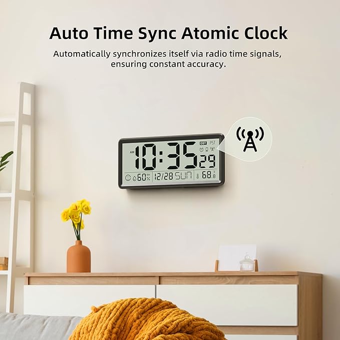 EASYERA 15'' Large Digital Wall Clock Battery Operated, Atomic Clock with Indoor Temperature and Humidity, Self-Setting with Auto DST, for Kitchen, Classroom, Living Room (Batteries Not Included)