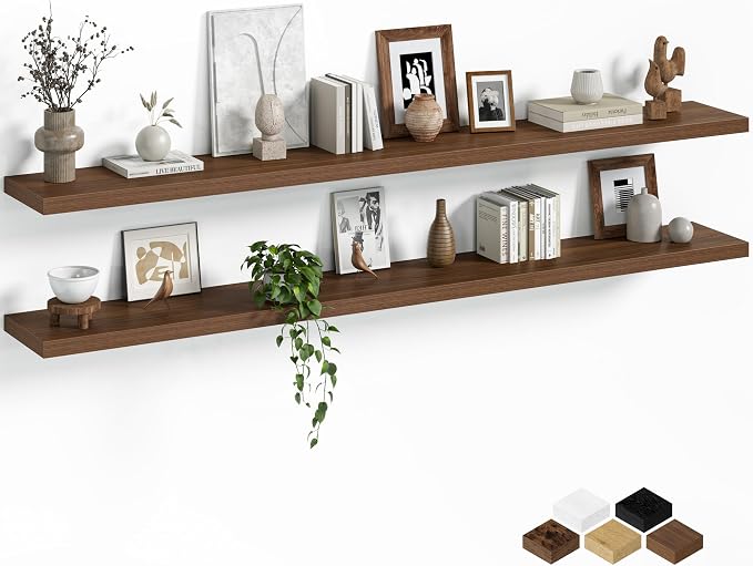 Fun Memories Floating Shelves for Wall, 72 Inch Long Set of 2 Rustic Wood Wall Shelves with Invisible Brackets, Heavy Duty Storage Display for Living Room Bedroom Kitchen, Walnut