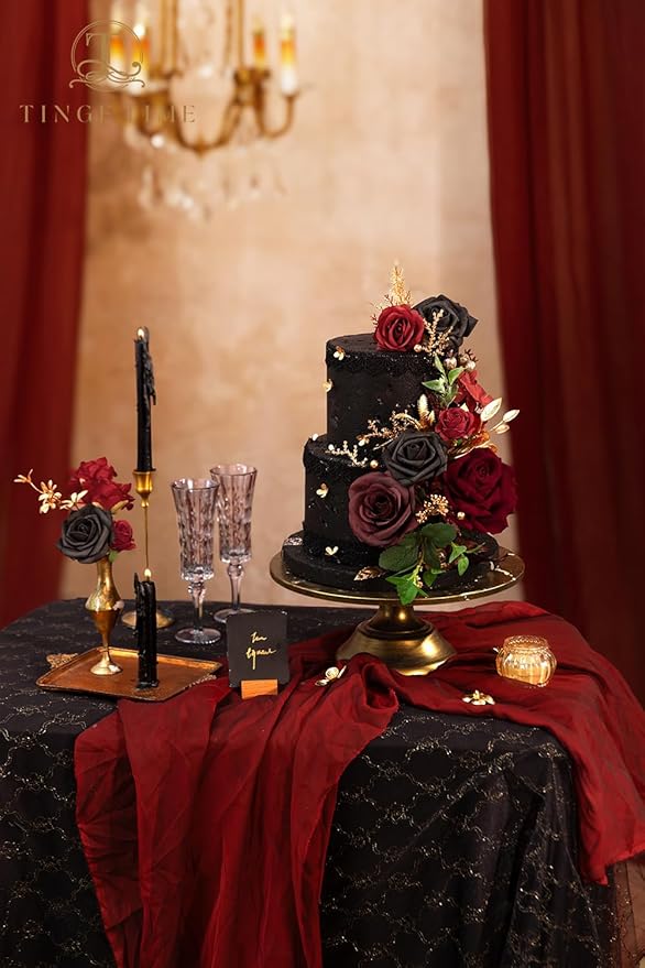 TINGE TIME Rose Artificial Flowers Combo, Fake Foam Roses with Stems for DIY Wedding Bridal Shower Decorations Party Table Centerpieces Fake Floral Arrangement Home Decor(Gothic Black and Red)