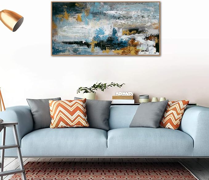 Framed Abstract Wall Art Large Canvas Picture Modern Blue Grey Brown Canvas Painting Artwork Abstract Canvas Prints Wall Decoration for Living Room Bedroom Office Home Wall Decor Ready to Hang 24x48in