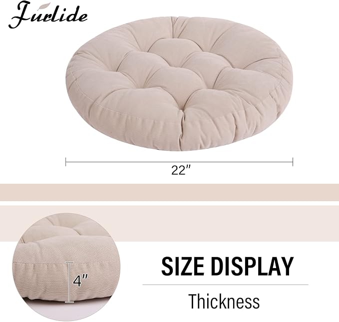 Tiita Round Office Chair Cushions 22x22 Inch Outdoor Seat Pads Set of 2 Throw Floor Pillows for Adults Sitting Patio Garden, Beige