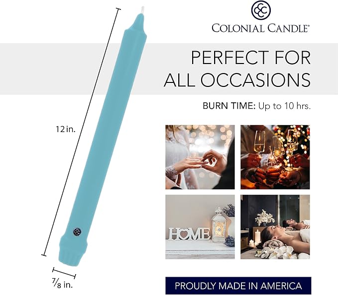 Colonial Candle Unscented Taper Candle, Classic Collection, Coastal Blue, 12 in, Pack of 12 - Up to 10 Hours Burn
